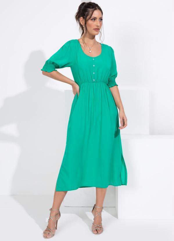 Quintess - Vestido Verde Decote U e Fendas Lateais