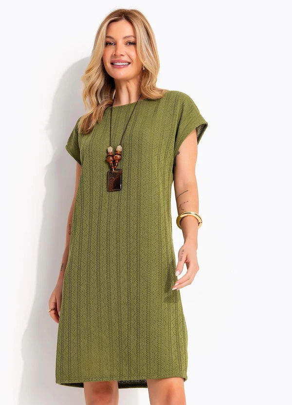 Quintess - Vestido Midi Soltinho em Malha Tricô Verde Oliva Texturizada