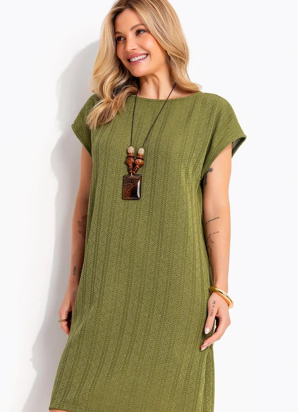 Quintess - Vestido Midi Soltinho em Malha Tricô Verde Oliva Texturizada 5
