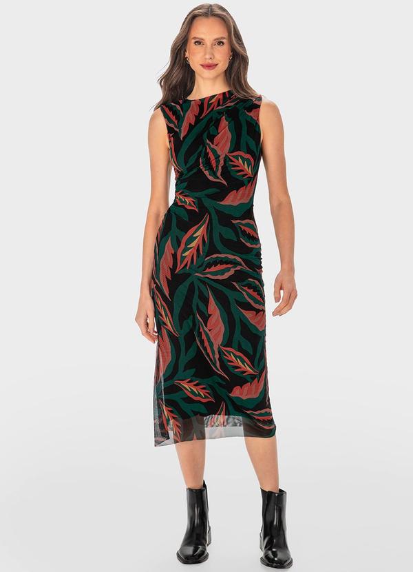 Malwee - Vestido Verde Escuro Mídi Folhagens Tule