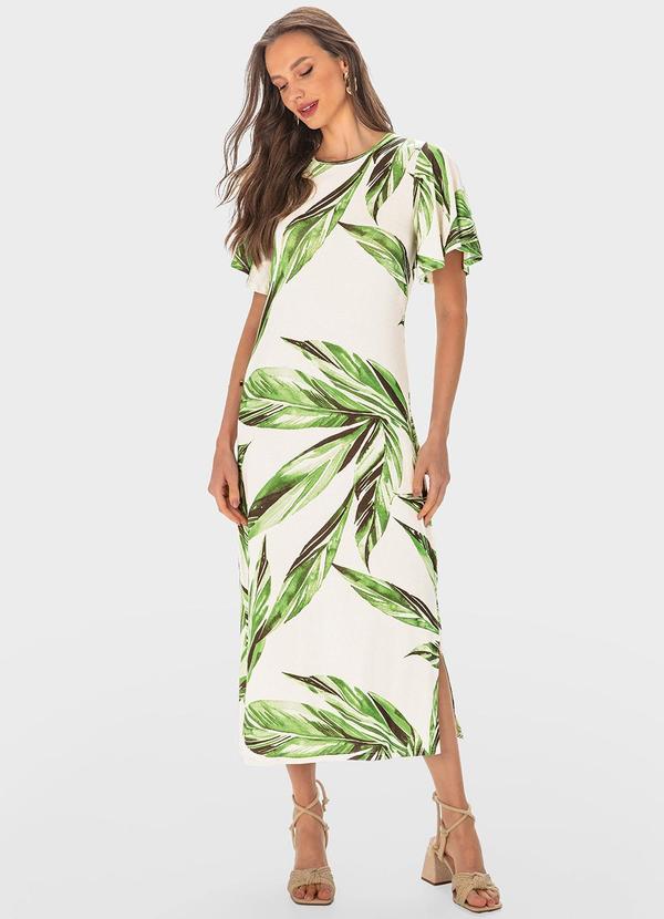 Malwee - Vestido Verde Midi Amplo Folhagens