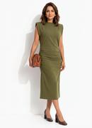 Vestido Verde Midi Drapeado em Malha Crepe