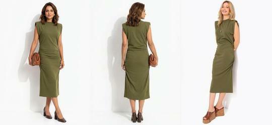 Vestido Verde Midi Drapeado em Malha Crepe
