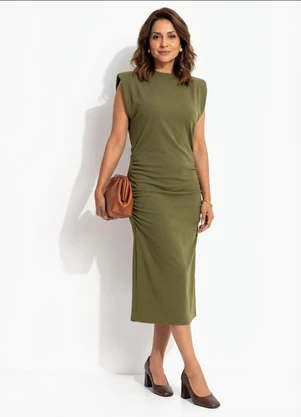 Quintess - Vestido Verde Midi Drapeado em Malha Crepe - QUINTESS
