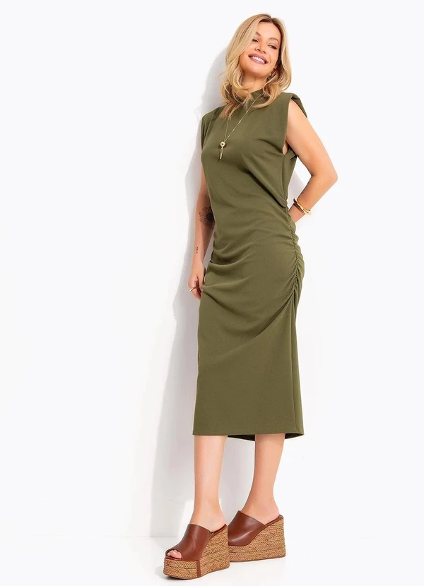 Quintess - Vestido Verde Midi Drapeado em Malha Crepe 7