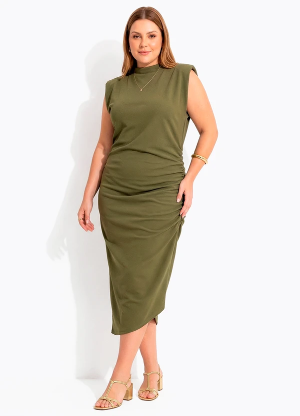 Quintess - Vestido Verde Midi Drapeado em Malha Crepe 8
