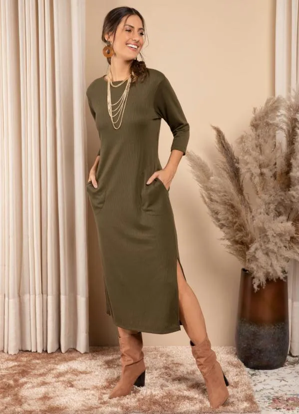 Vestido Midi Vestido Cor Verde Musgo Quintess Vestido Verde Midi