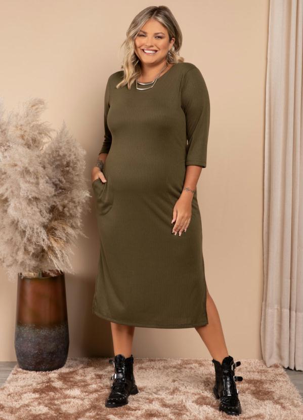 Quintess - Vestido Verde Midi Mangas 3/4 com Bolsos 3