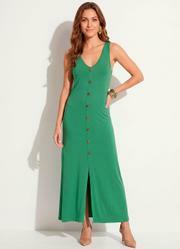 Vestido Verde Midi sem Mangas com Bot�es