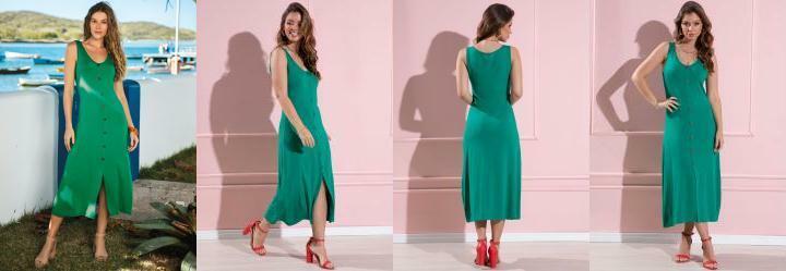 Vestido Verde Midi sem Mangas com Botes