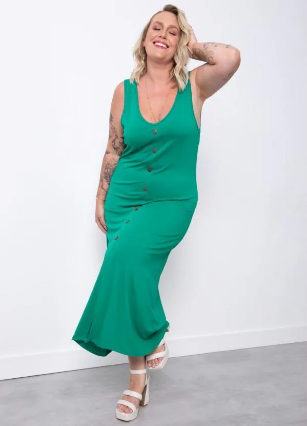 Quintess - Vestido Verde Midi sem Mangas com Botões 8