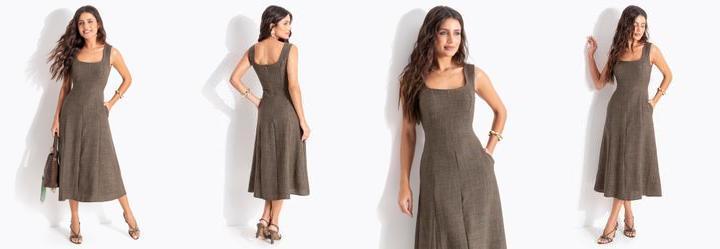 Vestido Verde Militar em Tecido com Aspecto de Linho