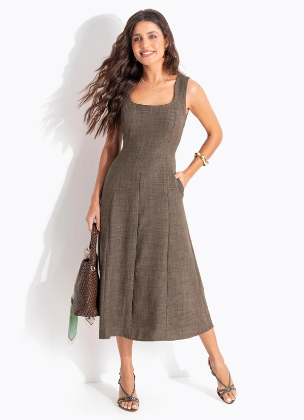 Quintess - Vestido Verde Militar em Tecido com Aspecto de Linho