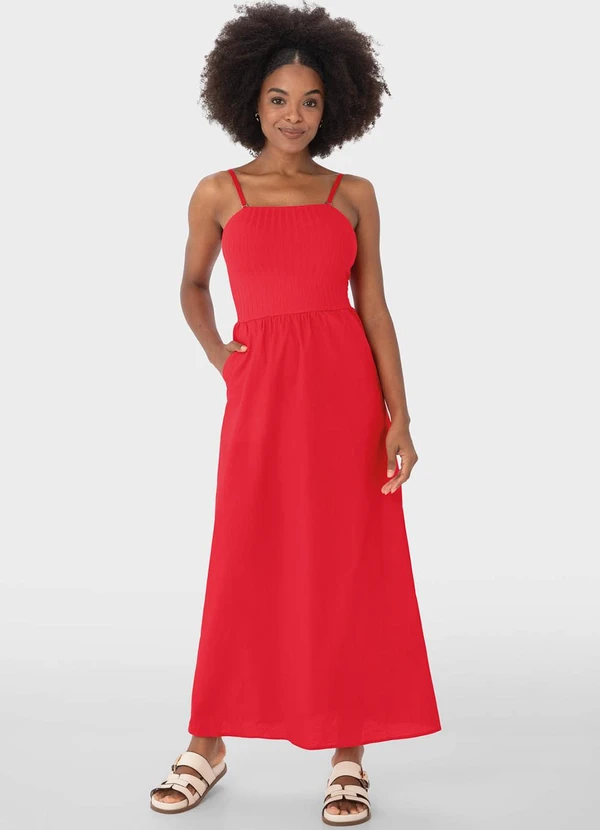 Vestido Vermelho Mídi Canelado Malwee