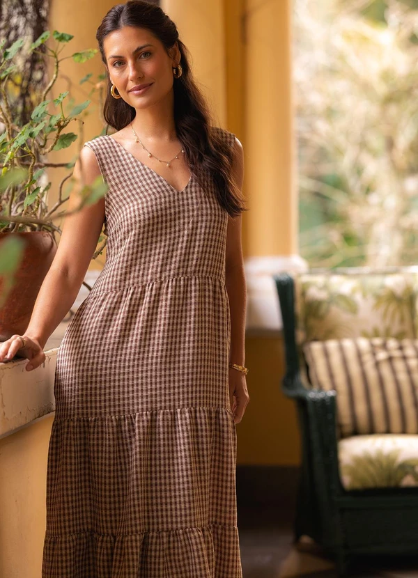 Vestido Vichy Marrom em Fio Tinto