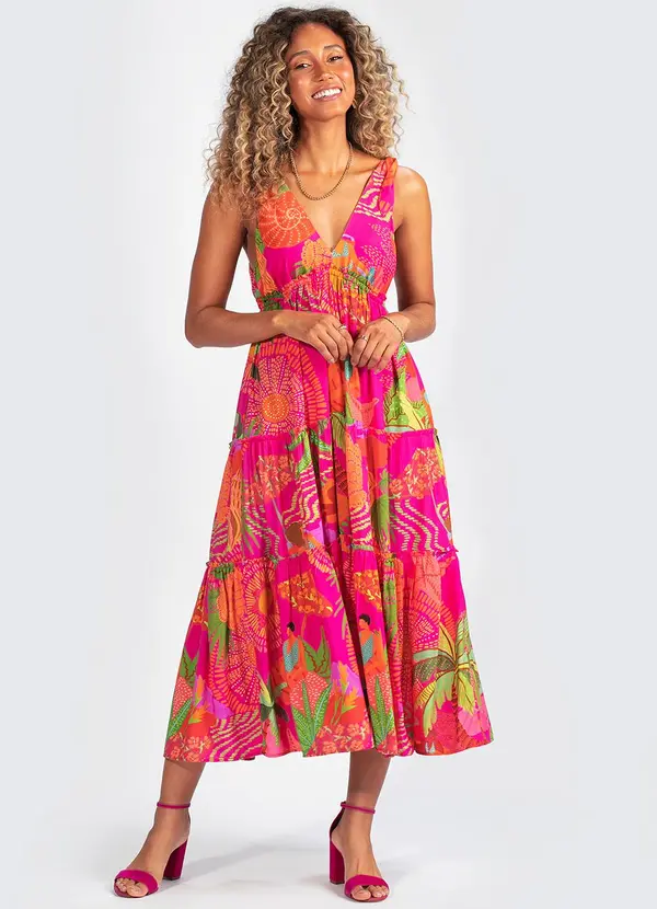 Farm - Vestido Viscose Bronzeado Rosa