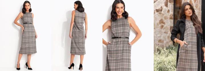 Vestido Xadrez Bege em Malha de Alfaiataria