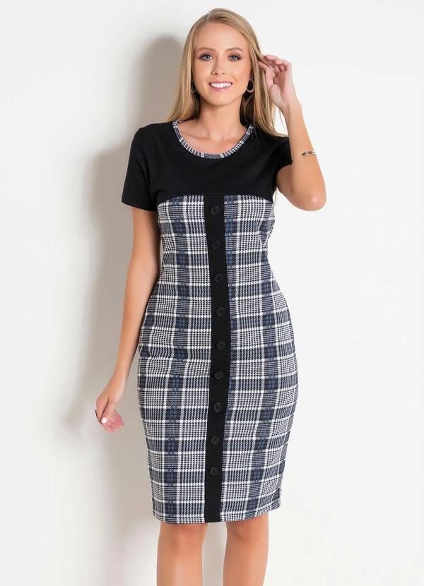 Outlet - Vestido Xadrez com Botões Moda Evangélica