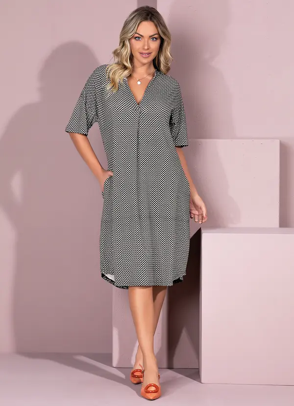 Quintess - Vestido Xadrez com Gola Padre e Bolsos 3