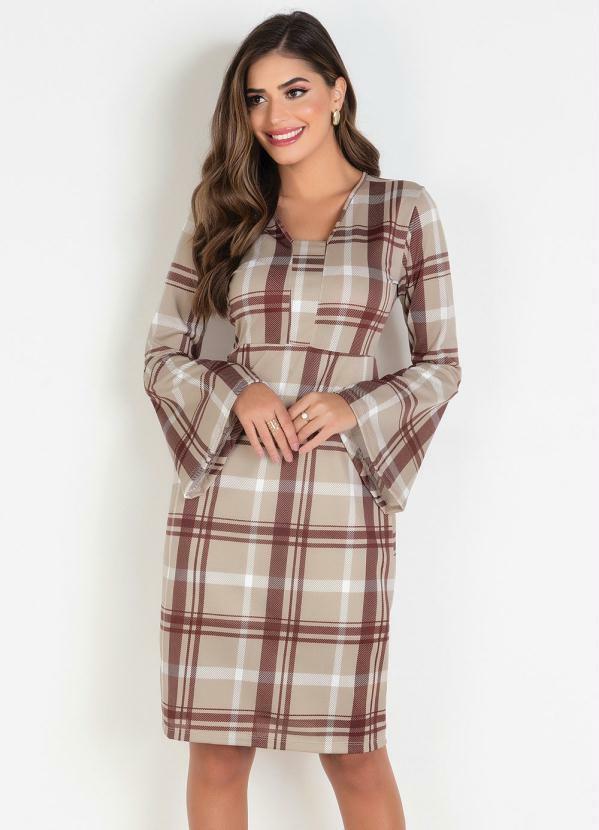 Outlet - Vestido Xadrez Marrom Moda Evangélica