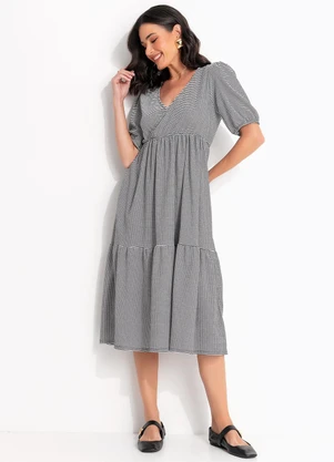 Quintess - Vestido Xadrez Preto em Malha Texturizada - QUINTESS