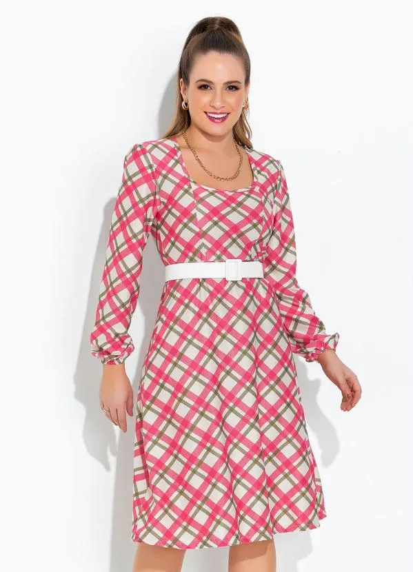Rosalie - Vestido Xadrez Rosa Evase