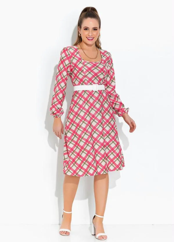 Rosalie - Vestido Xadrez Rosa Evase 4