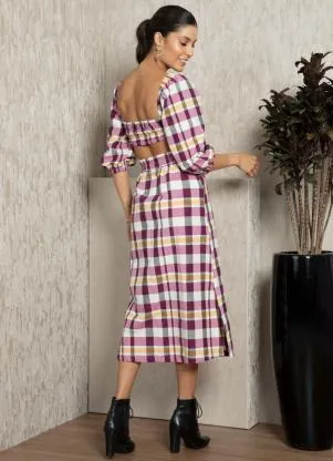 Quintess - Vestido Xadrez Roxo com Vazado nas Costas - QUINTESS