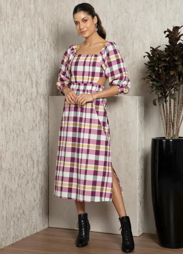 Quintess - Vestido Xadrez Roxo com Vazado nas Costas
