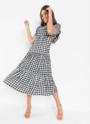 Vestido Xadrez Tricolor com Recorte em Camadas