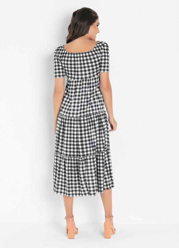 Moda Pop - Vestido Xadrez Tricolor com Recorte em Camadas 2