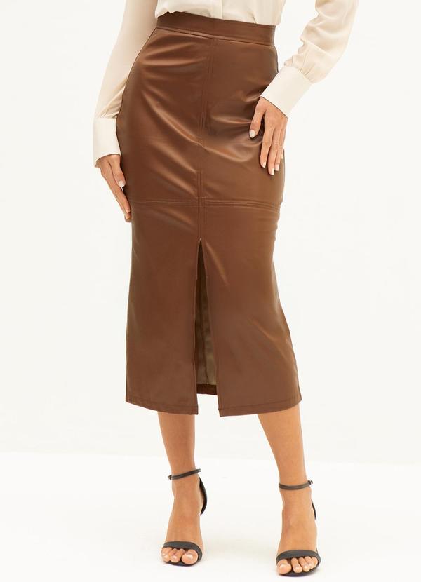 Principessa - Saia de Pu com Fenda Frontal Susete Camel