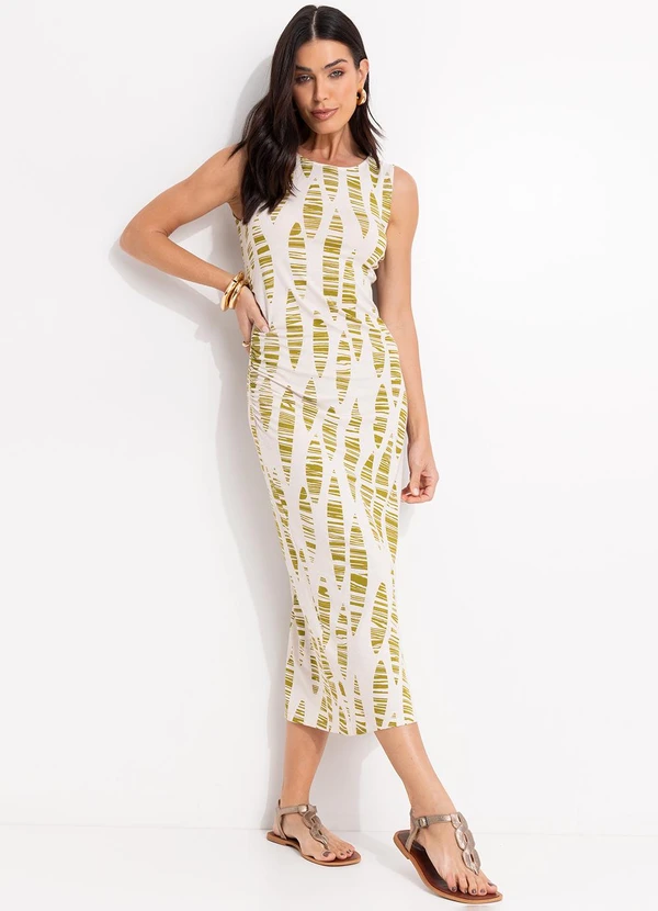 Quintess - Vestido Folhas Listradas em Meia Malha