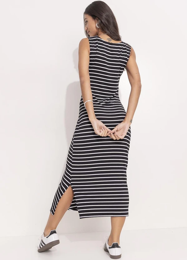 Quintess - Vestido Listrado Preto e Branco em Meia Malha