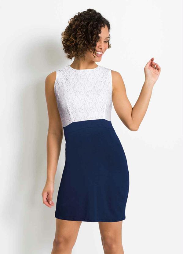 Queima Estoque - Vestido Tubinho de Renda Branco/Azul Marinho 3