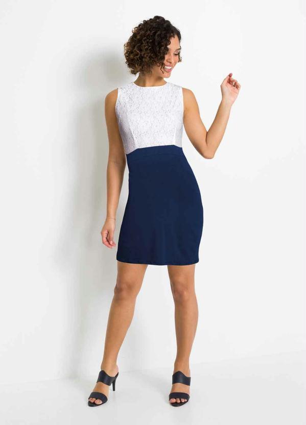 Queima Estoque - Vestido Tubinho de Renda Branco/Azul Marinho 6