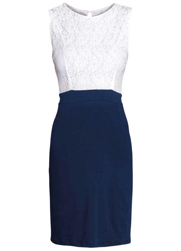 Queima Estoque - Vestido Tubinho de Renda Branco/Azul Marinho 8