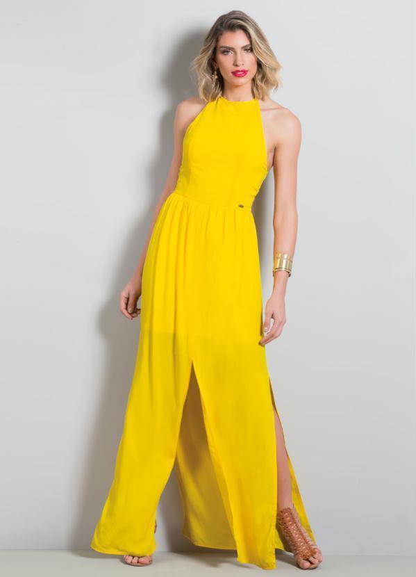 Vestido Longo com Fenda Quintess (Amarelo)