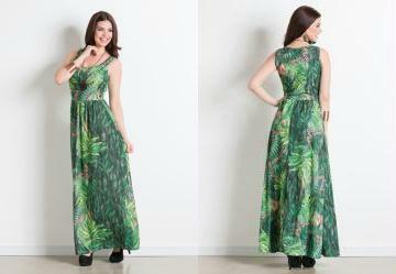 Vestido Longo Decote Redondo Folhagem