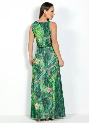 Moda Pop - Vestido Longo Decote Redondo Folhagem - MODA POP