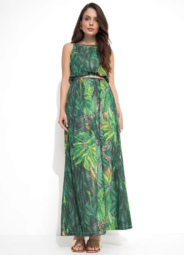 Moda Pop - Vestido Longo Decote Redondo Folhagem