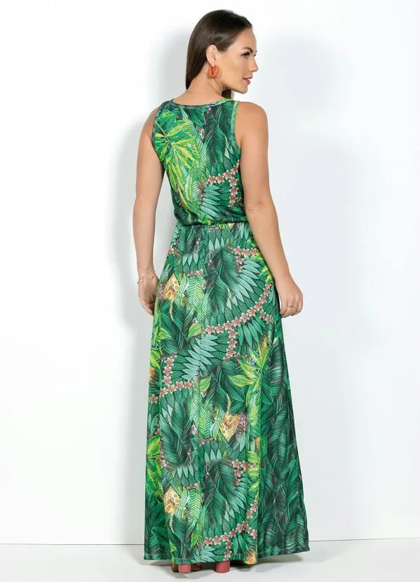 Moda Pop - Vestido Longo Decote Redondo Folhagem 2