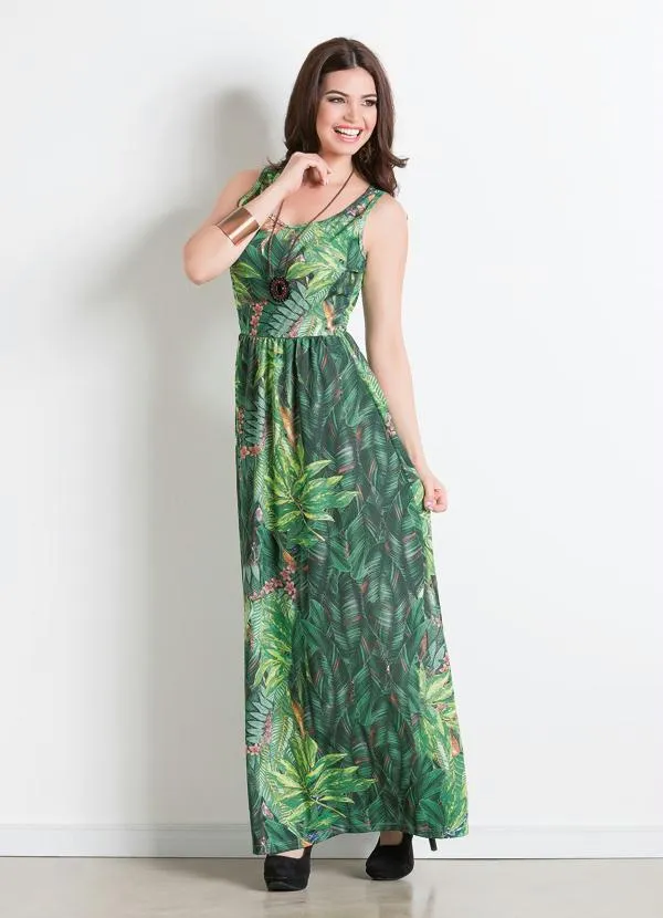 Moda Pop - Vestido Longo Decote Redondo Folhagem 3