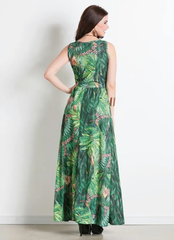 Moda Pop - Vestido Longo Decote Redondo Folhagem 4