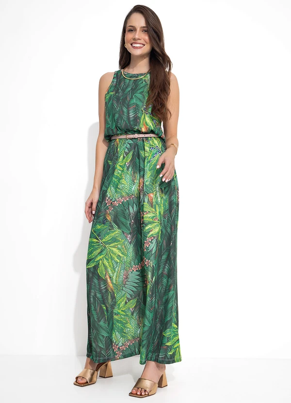 Moda Pop - Vestido Longo Decote Redondo Folhagem 5