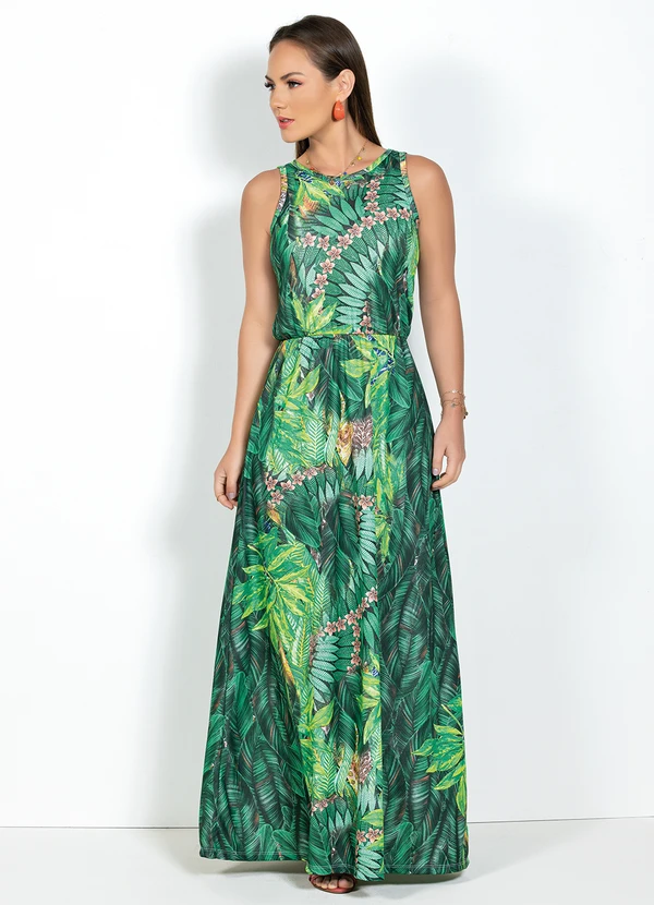 Moda Pop - Vestido Longo Decote Redondo Folhagem 6