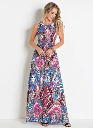 Moda Pop - Vestido Longo Estampado com Elástico na Cintura - MODA POP