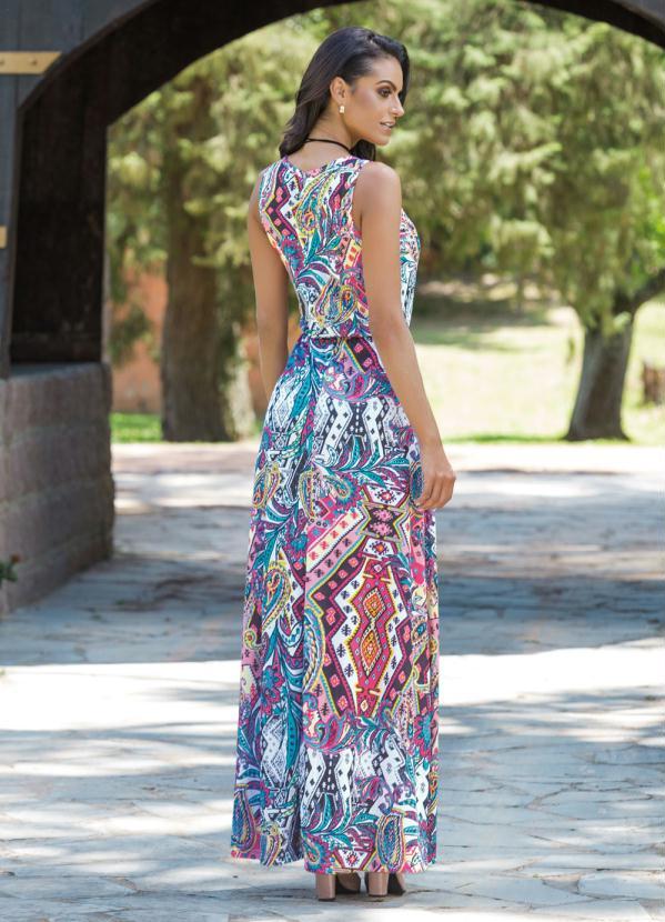 Vestido Longo Estampado com Elástico na Cintura Moda Pop