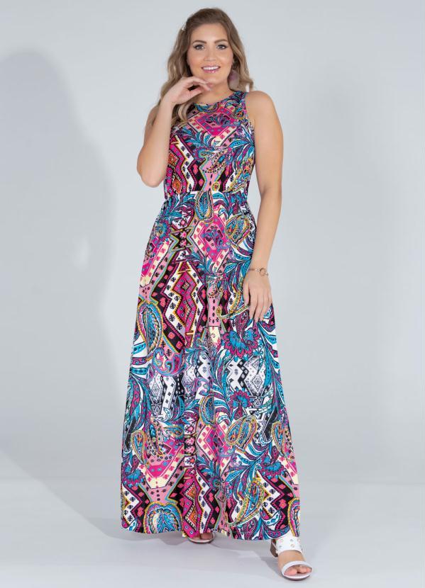 Moda Pop - Vestido Longo Estampado com Elástico na Cintura 3
