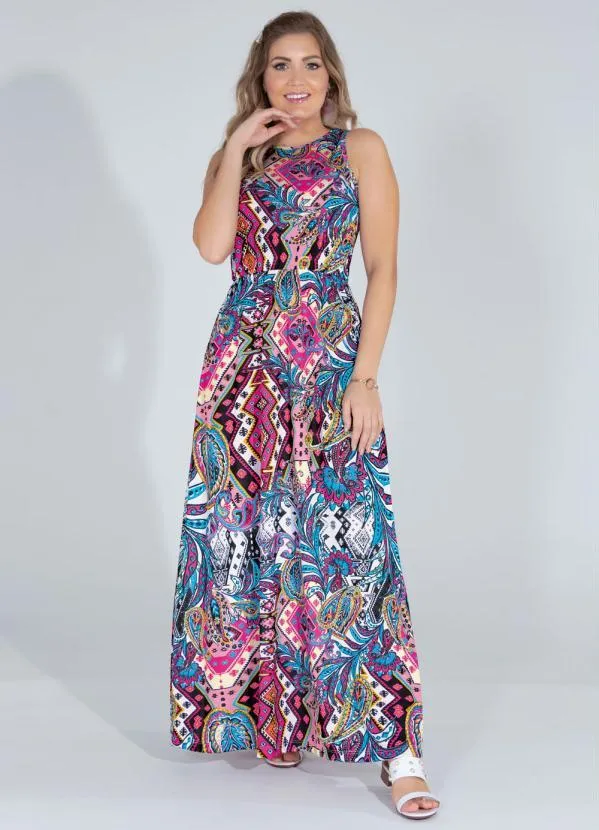 Moda Pop - Vestido Longo Estampado com Elástico na Cintura 3